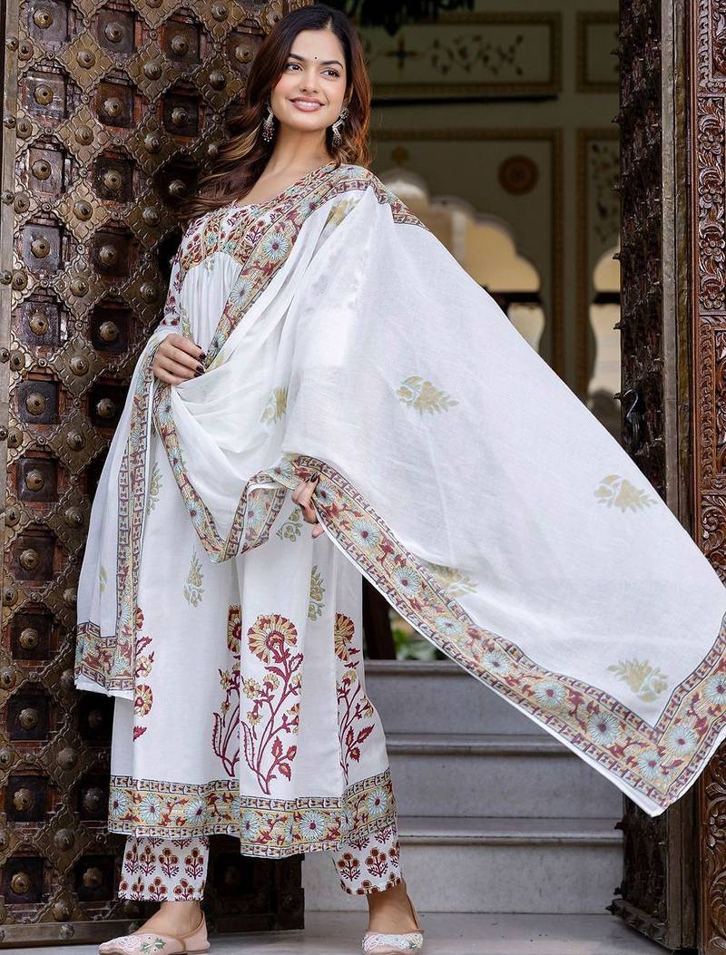 Floral Printed Empire Pure Cotton A-Line Kurta With Trousers & Dupatta