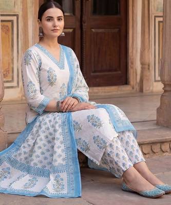 Women Floral Printed Regular Sequinned Pure Cotton Kurta with Trousers & With Dupatta 1