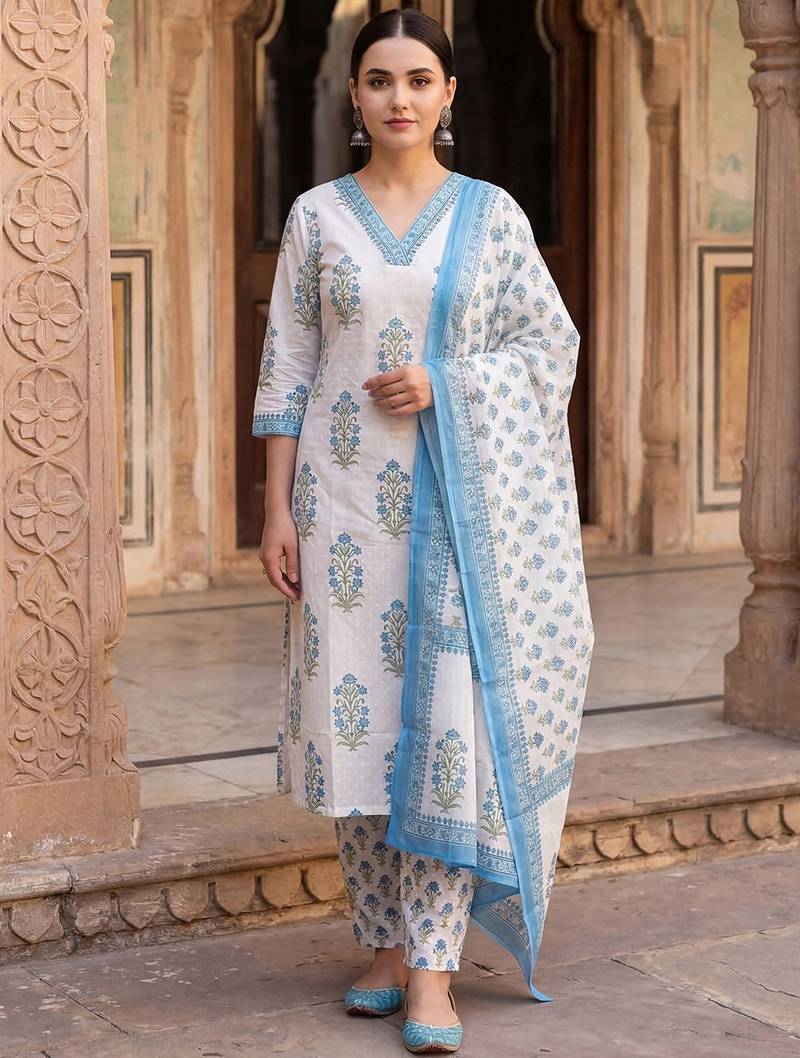 Women Floral Printed Regular Sequinned Pure Cotton Kurta with Trousers & With Dupatta