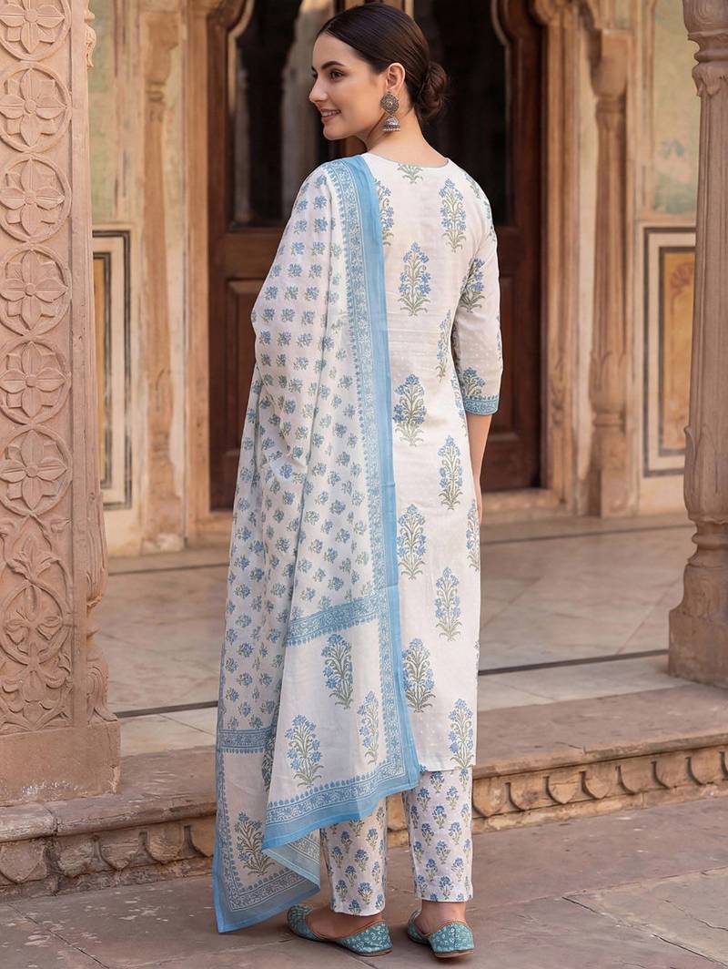 Women Floral Printed Regular Sequinned Pure Cotton Kurta with Trousers & With Dupatta