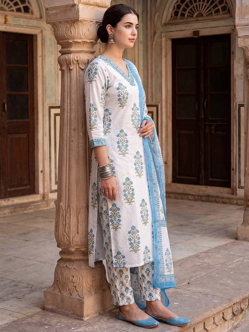 Women Floral Printed Regular Sequinned Pure Cotton Kurta with Trousers & With Dupatta
