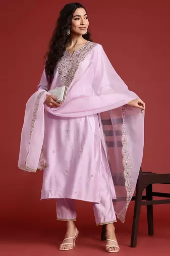 Floral Embroidered Liva Kurta With Trousers & Dupatta
