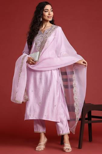 Floral Embroidered Liva Kurta With Trousers & Dupatta