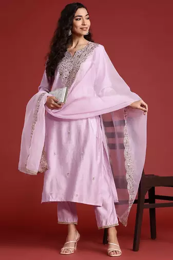 Floral Embroidered Liva Kurta With Trousers & Dupatta