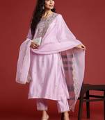 Floral Embroidered Liva Kurta With Trousers & Dupatta