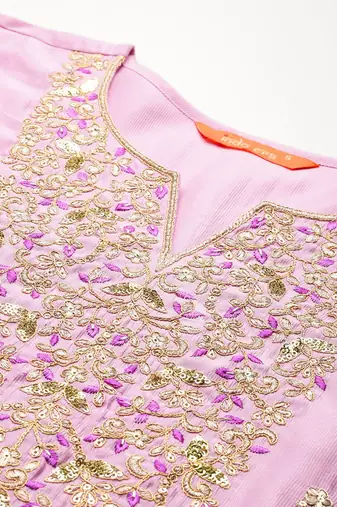 Floral Embroidered Liva Kurta With Trousers & Dupatta