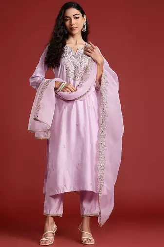 Floral Embroidered Liva Kurta With Trousers & Dupatta