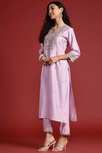 Floral Embroidered Liva Kurta With Trousers & Dupatta