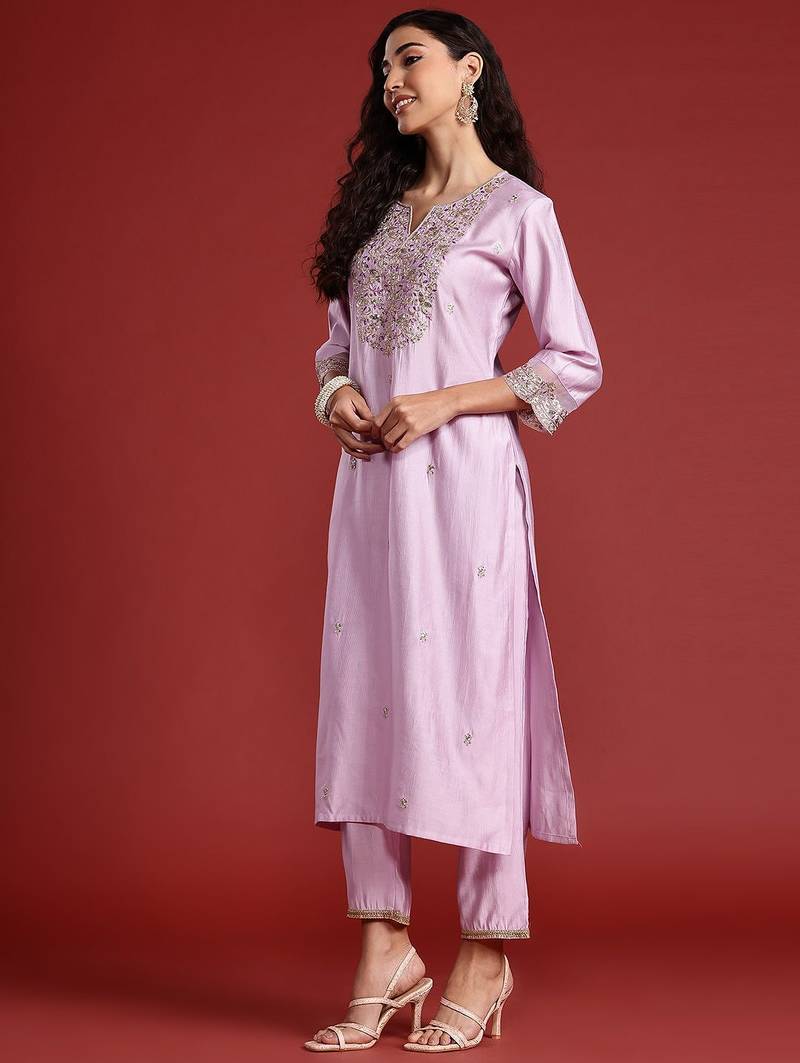 Floral Embroidered Liva Kurta With Trousers & Dupatta