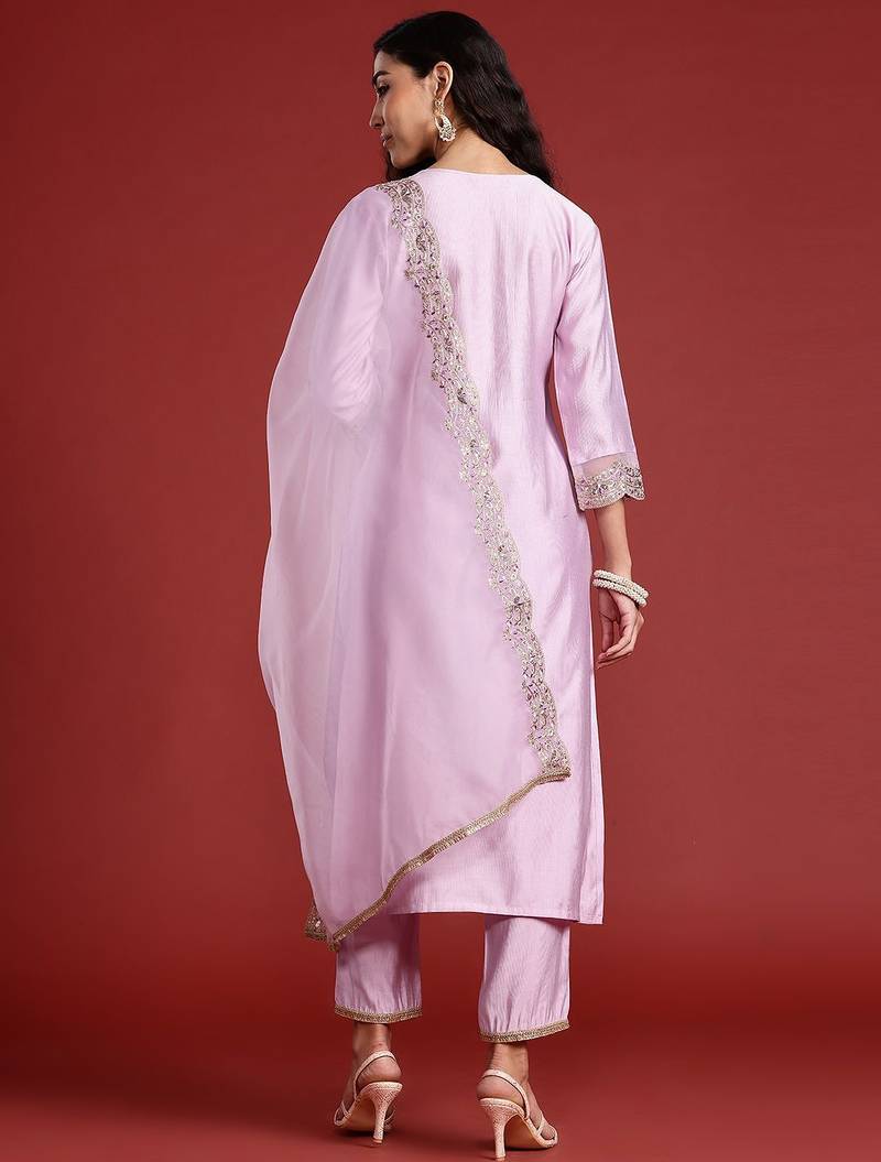 Floral Embroidered Liva Kurta With Trousers & Dupatta
