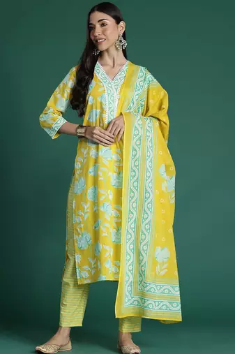 Women Floral Printed Regular Pure Cotton Kurta with Trousers & With Dupatta