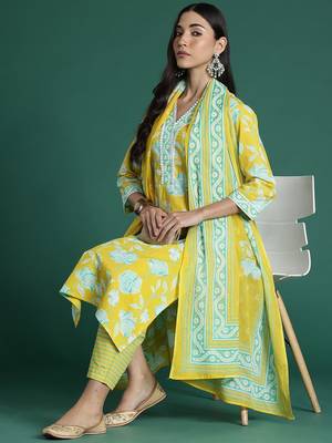 Women Floral Printed Regular Pure Cotton Kurta with Trousers & With Dupatta 8