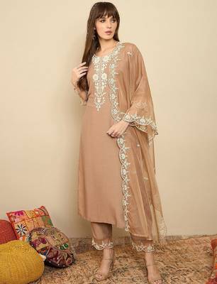 Floral Yoke Design Thread Work Straight Kurta With Trousers & Dupatta 1