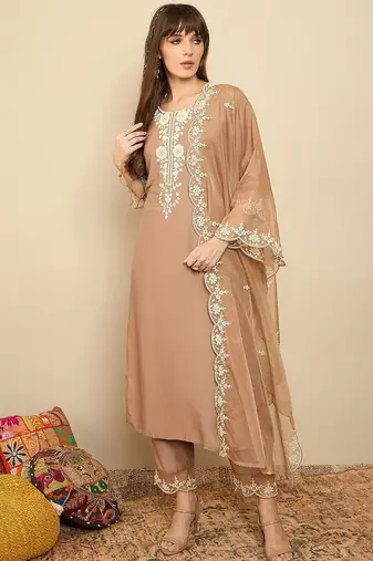 Floral Yoke Design Thread Work Straight Kurta With Trousers & Dupatta