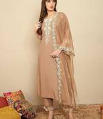 Floral Yoke Design Thread Work Straight Kurta With Trousers & Dupatta