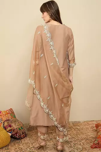 Floral Yoke Design Thread Work Straight Kurta With Trousers & Dupatta