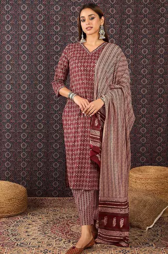 Ethnic Motifs Printed Sequinned Pure Cotton Kurta With Trousers & Dupatta