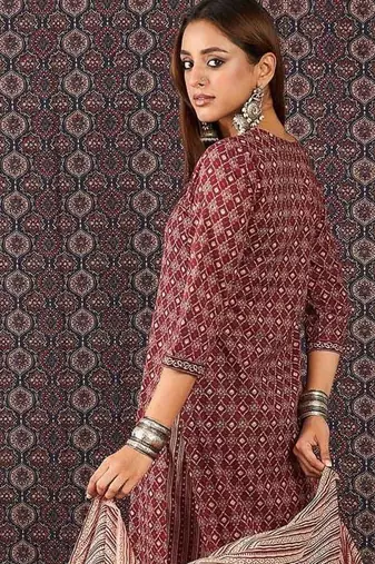 Ethnic Motifs Printed Sequinned Pure Cotton Kurta With Trousers & Dupatta