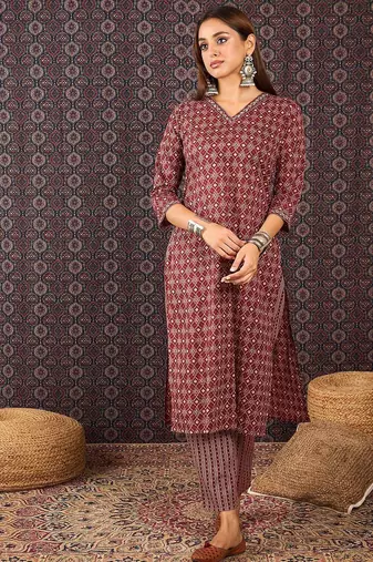 Ethnic Motifs Printed Sequinned Pure Cotton Kurta With Trousers & Dupatta