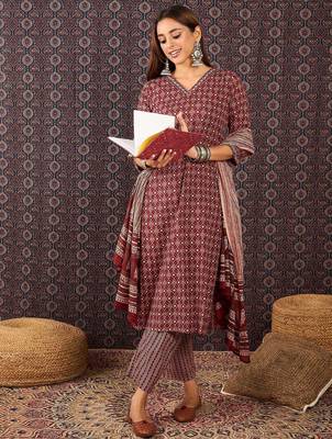 Ethnic Motifs Printed Sequinned Pure Cotton Kurta With Trousers & Dupatta 7