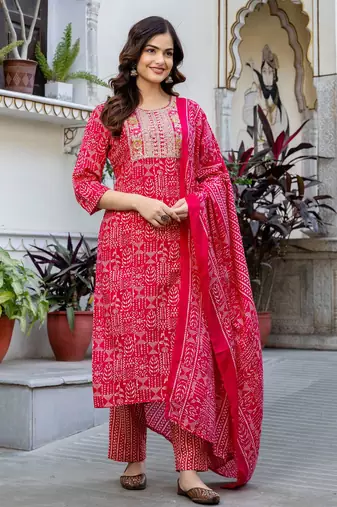 Women Ethnic Motifs Printed Regular Pure Cotton Kurta with Trousers & With Dupatta