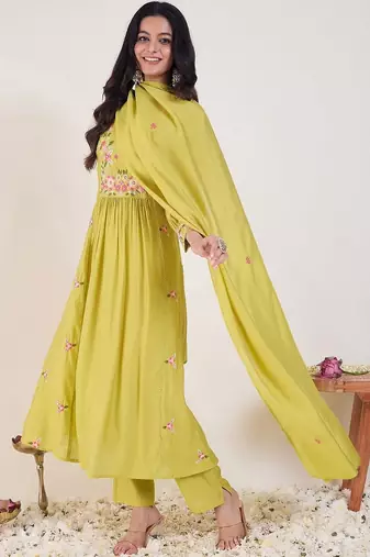 Women Ethnic Motifs Embroidered Panelled Thread Work Kurta with Trousers & With Dupatta