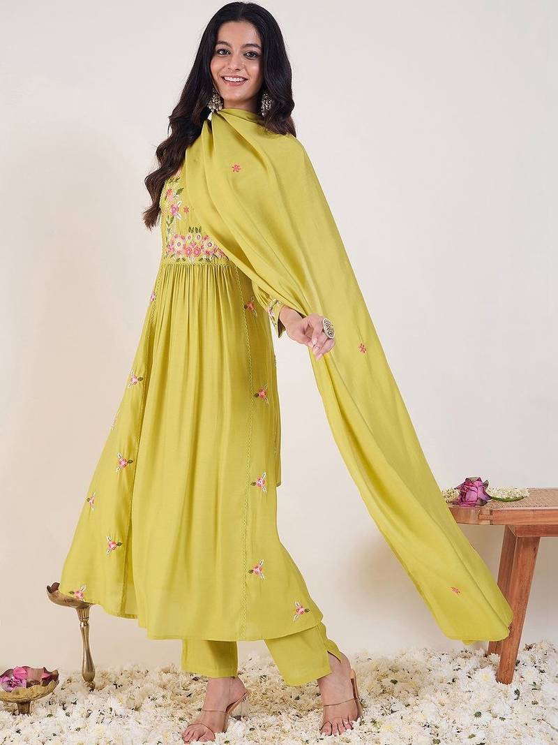Women Ethnic Motifs Embroidered Panelled Thread Work Kurta with Trousers & With Dupatta