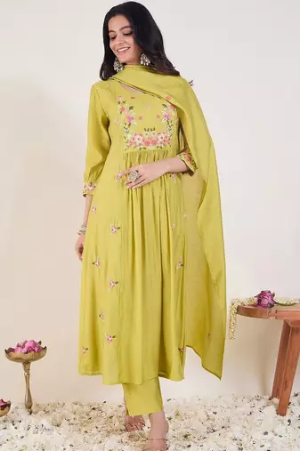 Women Ethnic Motifs Embroidered Panelled Thread Work Kurta with Trousers & With Dupatta
