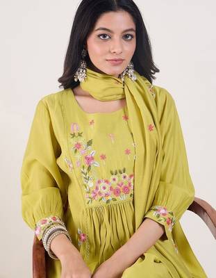 Women Ethnic Motifs Embroidered Panelled Thread Work Kurta with Trousers & With Dupatta 5