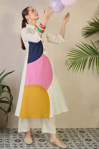 Women Colourblocked Regular Pure Cotton Kurta with Trousers