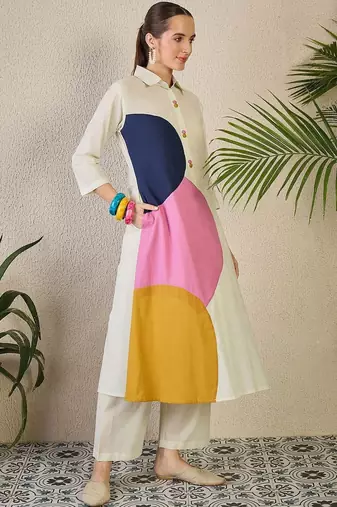 Women Colourblocked Regular Pure Cotton Kurta with Trousers