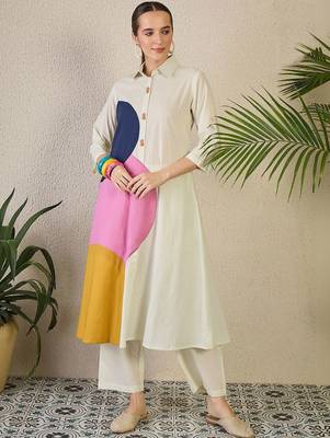 Women Colourblocked Regular Pure Cotton Kurta with Trousers 6