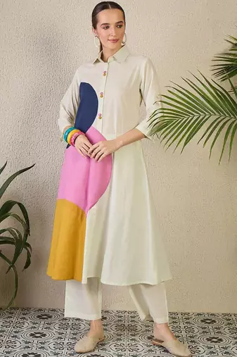 Women Colourblocked Regular Pure Cotton Kurta with Trousers
