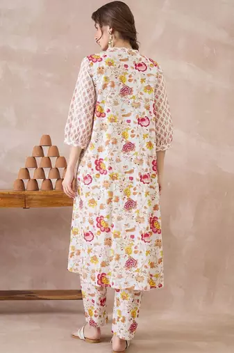 Women Floral Printed Empire Pure Cotton Kurta with Trousers