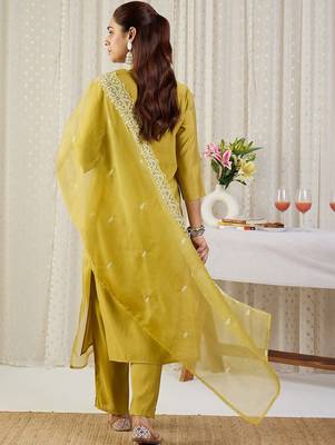 Ethnic Motifs Embroidered Thread Work Straight Kurta With Trousers & Dupatta 3