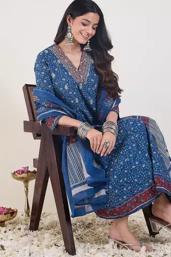 Ethnic Motifs Printed Panelled  Cotton Kurta With Trousers & Dupatta