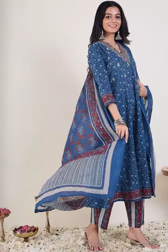 Ethnic Motifs Printed Panelled  Cotton Kurta With Trousers & Dupatta