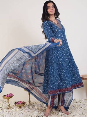 Ethnic Motifs Printed Panelled Pure Cotton Kurta With Trousers & Dupatta 1