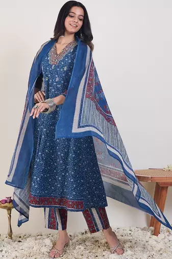 Ethnic Motifs Printed Panelled  Cotton Kurta With Trousers & Dupatta