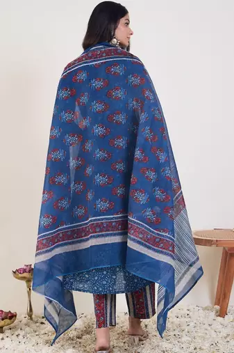 Ethnic Motifs Printed Panelled  Cotton Kurta With Trousers & Dupatta
