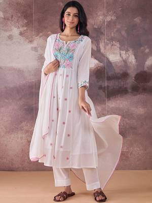 Embroidered Notch Neck Thread Work Pure Cotton Kurta With Trousers & Dupatta 1