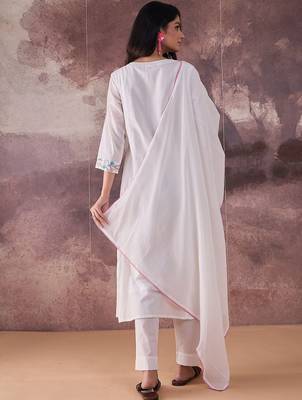 Embroidered Notch Neck Thread Work Pure Cotton Kurta With Trousers & Dupatta 5