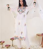 Floral Embroidered Thread Work Pure Cotton Kurta With Trousers & Dupatta