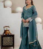 Teal heavy crunchy silk blend palazzo suit
