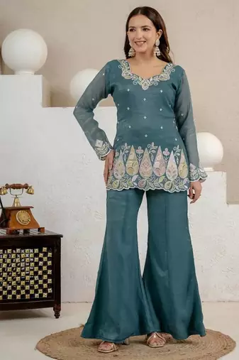 Teal heavy crunchy silk blend palazzo suit