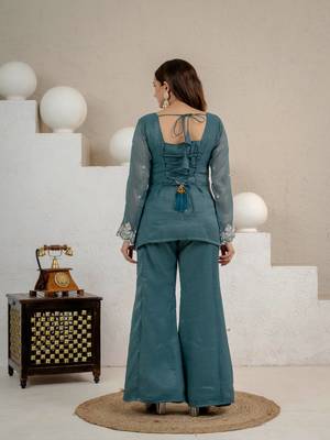 Teal heavy crunchy silk blend palazzo suit 3