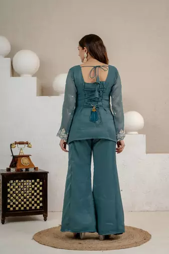 Teal heavy crunchy silk blend palazzo suit