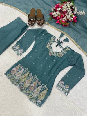 Teal heavy crunchy silk blend palazzo suit 4