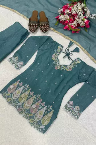Teal heavy crunchy silk blend palazzo suit