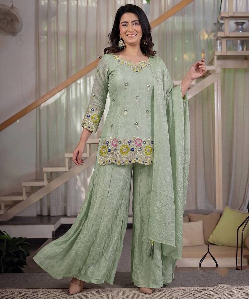 Light green fendi crush sequin sharara suit